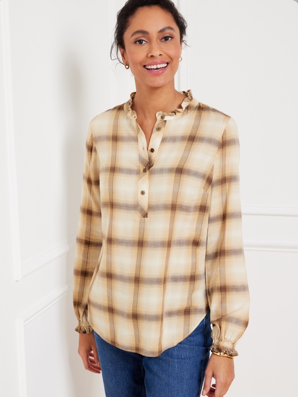 Talbots Ruffle Trim Popover Sunrise Plaid Top Blouse Brown Tan S - Picture 1 of 5